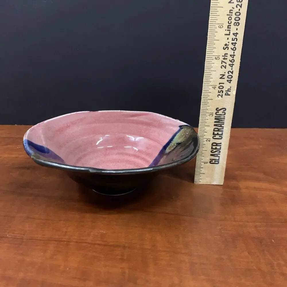 Glazed Ceramic Pottery Bowl Multicolor Pink Blue Brown